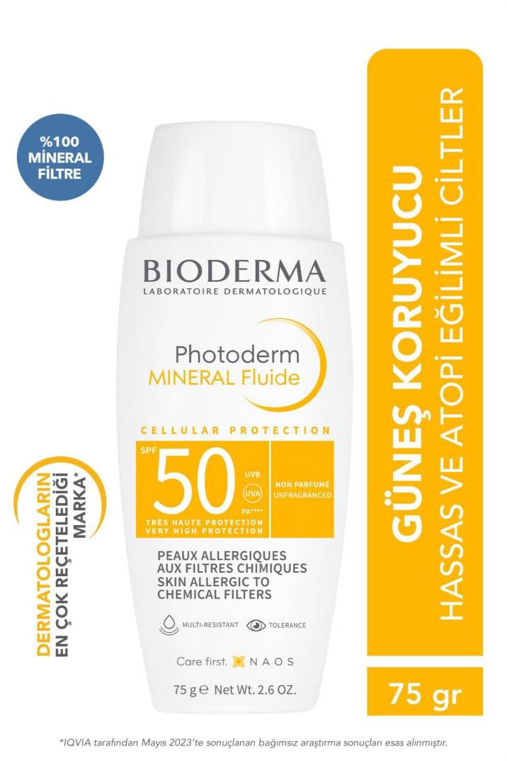 Bioderma Photoderm Mineral Fluid SPF50+ Çok Hassas Ciltler için Yüksek Koruma Yüz, Vücut Güneş Kremi 75 gr - 1