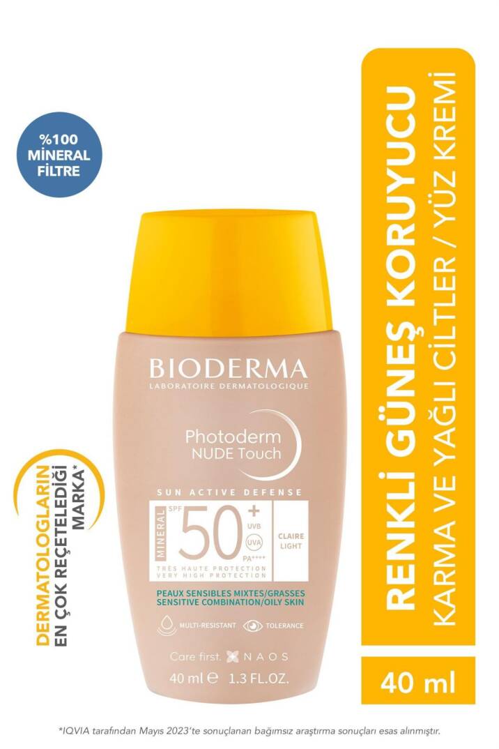 Bioderma Photoderm Nude Touch SPF50+ Light Karma Yağlı Ciltler Kapatıcı Etkili Renkli Güneş Kremi 40 ml - 1