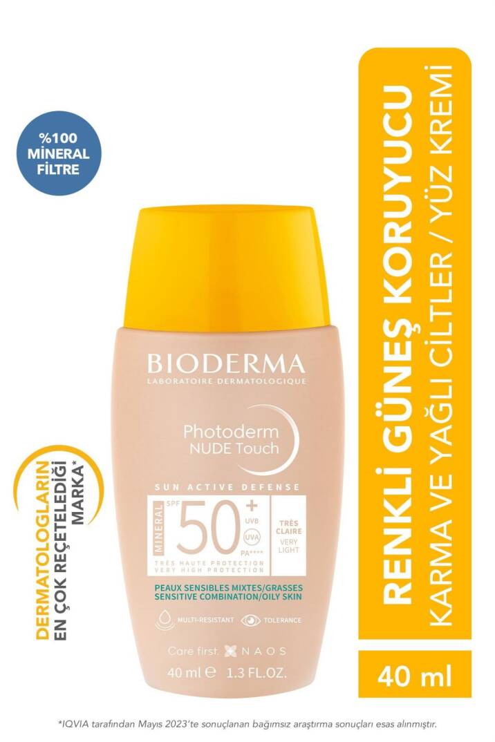 Bioderma Photoderm Nude Touch SPF50+ Very Light Karma Yağlı Ciltler Kapatıcı Etkili Renkli Güneş Kremi 40 ml - 1