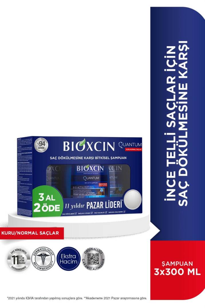 Bioxcin Quantum Şampuan 3 Al 2 Öde Kuru Normal Saçlar Için 3x300 Ml Ince Telli Saçlar Için Dökülme Şampuanı - 1
