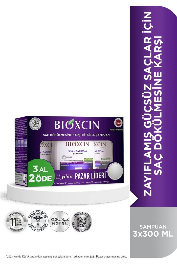 Bioxcin Siyah Sarımsak Şampuan 3x300 Ml - Saç Dökülmesi Şampuanı - 3