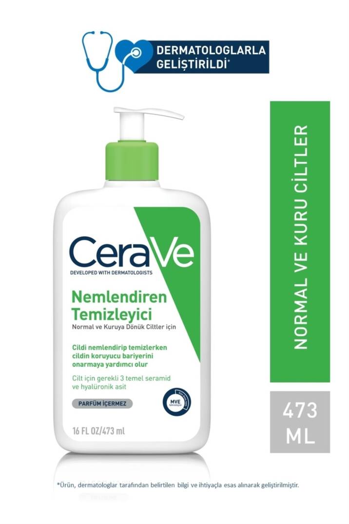 CeraVe Nemlendiren Temizleyici Seramid&Hyalüronik Asit Kuru & Normal Ciltler Yüz Vücut 473ml - 1