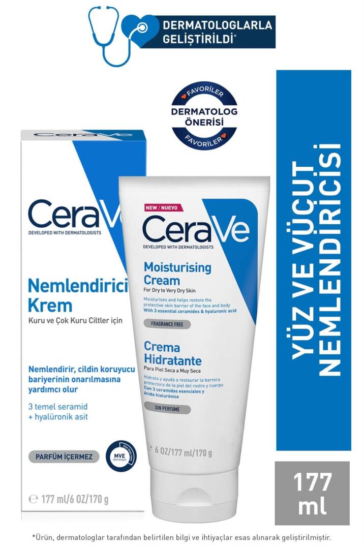 CeraVe Nemlendirici Krem Kuru Ciltler Seramid ve Hyalüronik Asit İçerikli Yüz Vücut 177ml - 1