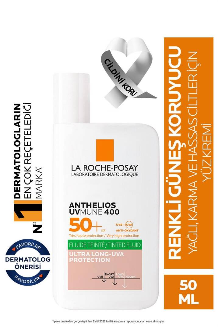 La Roche Posay Anthelios Oil Control Fluid SPF+50 Yağlı Ciltler için Akışkan Renkli Yüz Güneş Kremi - 1