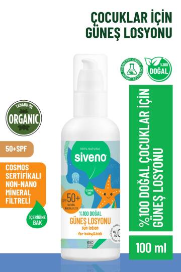 Siveno Çocuk Güneş Losyonu Leke Karşıtı Antioksidan Nemlendirici Bitkisel Vegan UVA UVB SPF50 100 ml - 3