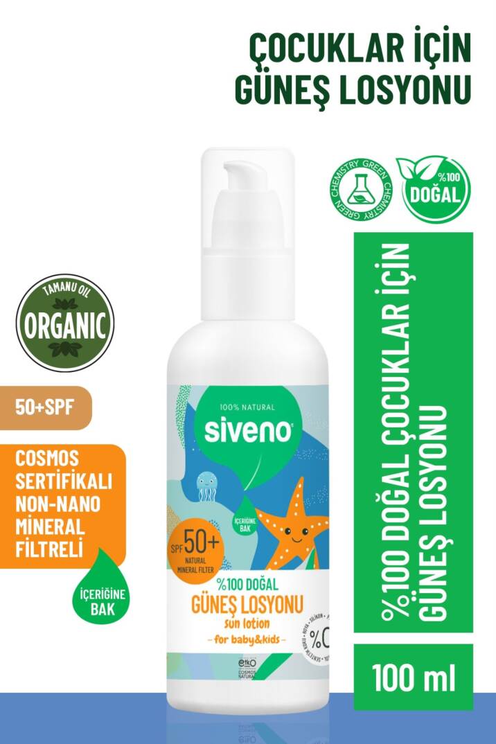 Siveno Çocuk Güneş Losyonu Leke Karşıtı Antioksidan Nemlendirici Bitkisel Vegan UVA UVB SPF50 100 ml - 3