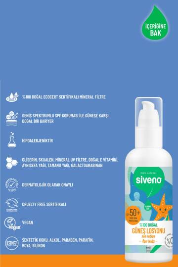 Siveno Çocuk Güneş Losyonu Leke Karşıtı Antioksidan Nemlendirici Bitkisel Vegan UVA UVB SPF50 100 ml - 5
