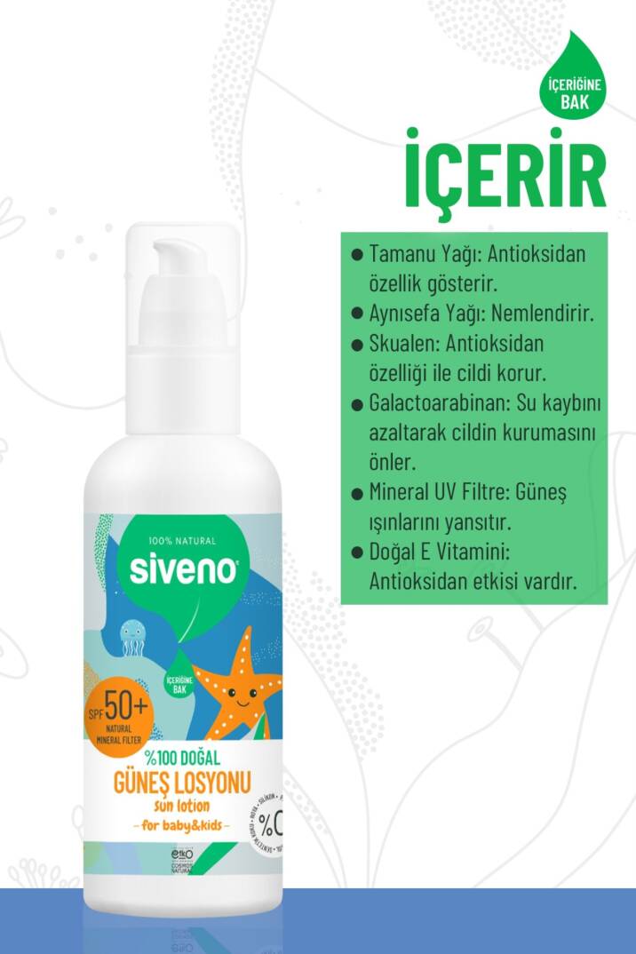 Siveno Çocuk Güneş Losyonu Leke Karşıtı Antioksidan Nemlendirici Bitkisel Vegan UVA UVB SPF50 100 ml - 6