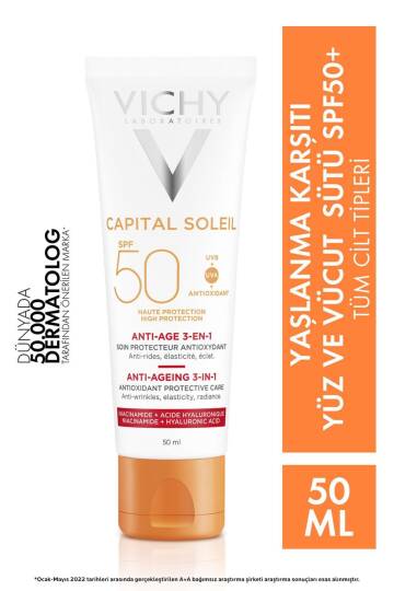 Vichy Capital Soleil Yüksek Korumalı 3ü1 Arada Yaşlanma Karşıtı Yüz Güneş Kremi Spf 50 (UVA UVB) 50 ml
