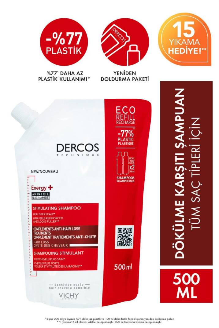 Vichy Dercos Energy+ Saç Dökülmesi Karşıtı Şampuan - 500 ML Yeniden Dolum Paketi - 3